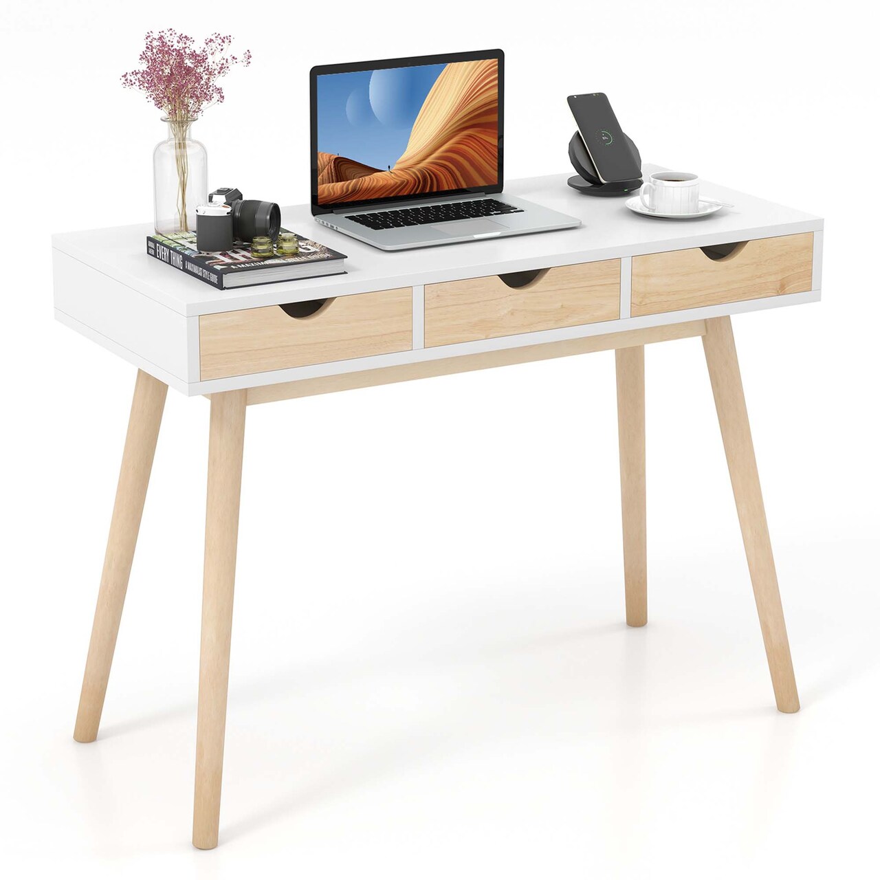 Costway Computer Desk 40'' Wooden Workstation Vanity Table with3 Drawers & Rubber Wood Legs